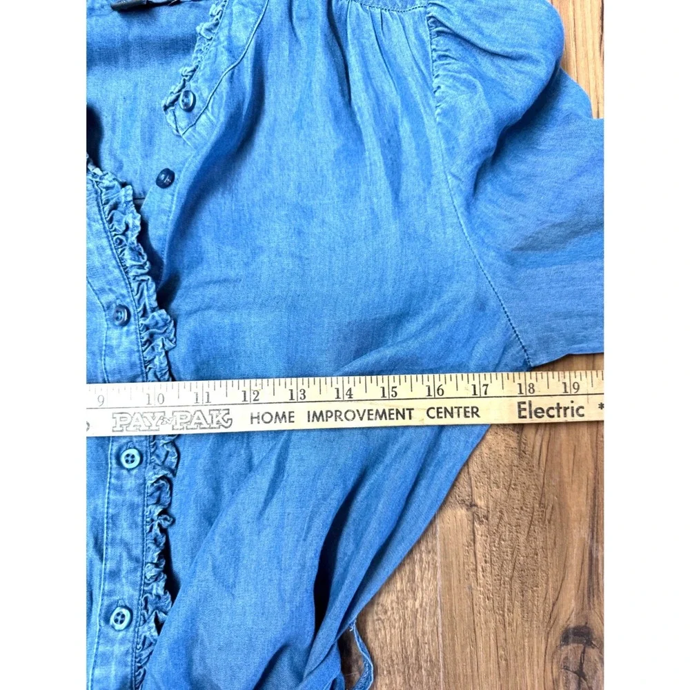 Saks Fifth Avenue Women S Dress Denim‎ Ruffle Belted Button Up Country Cowgirl